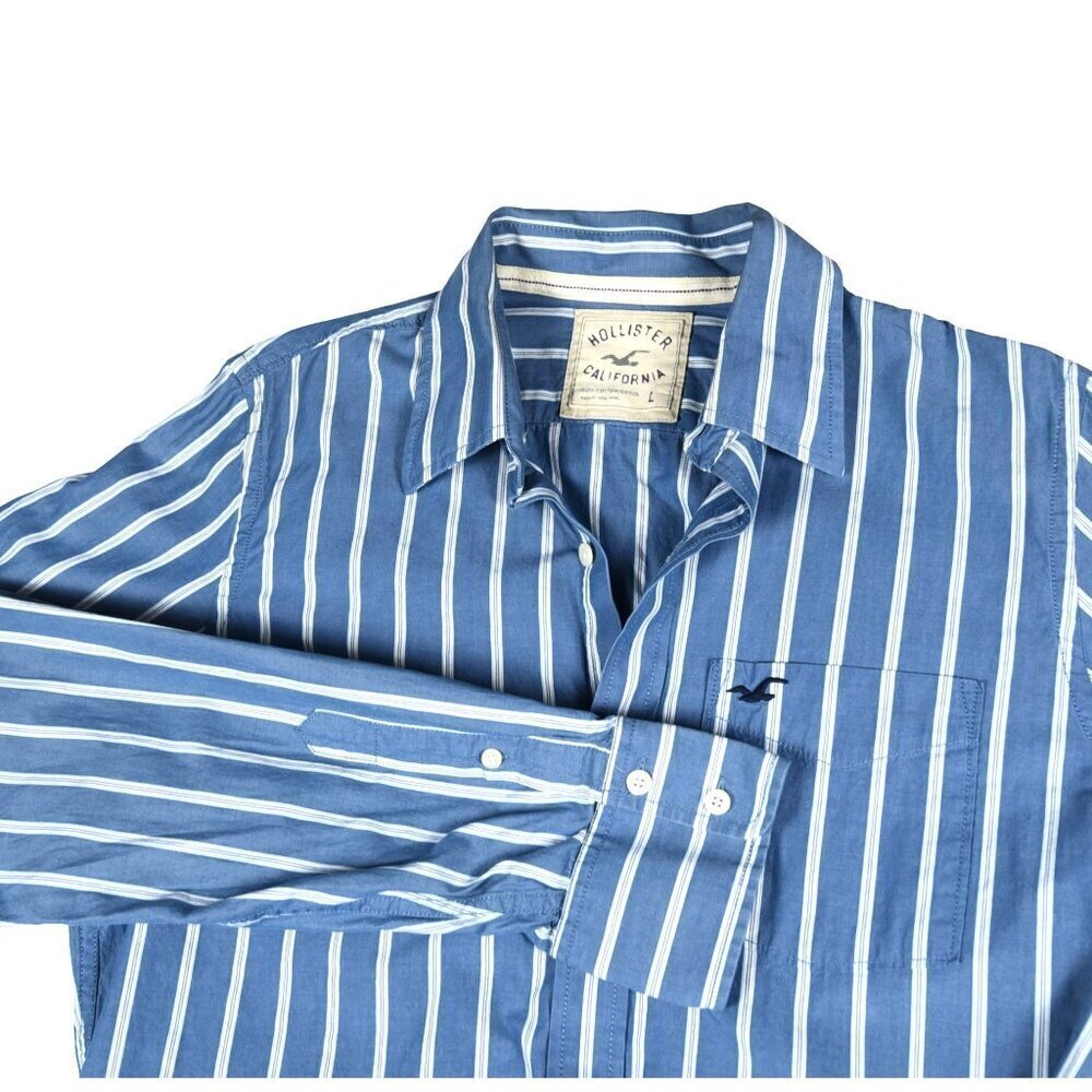 Hollister Men's Long Sleeve Nautical Blue Stripes Beachy Cotton Sz L Y2K Preppy